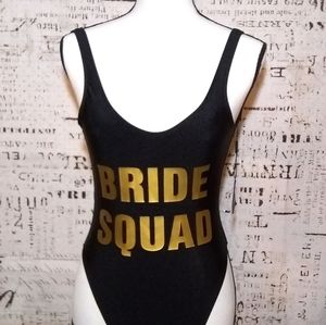 Bride Squad one piece bathing swimsuit black gold